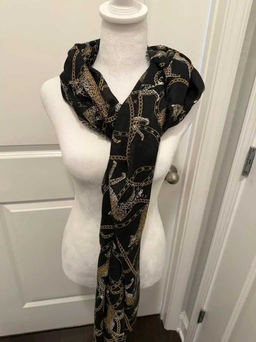 Black Leopard Chain Print Scarf 21x72 Animal Print Fringe Lightweight Wrap Shawl